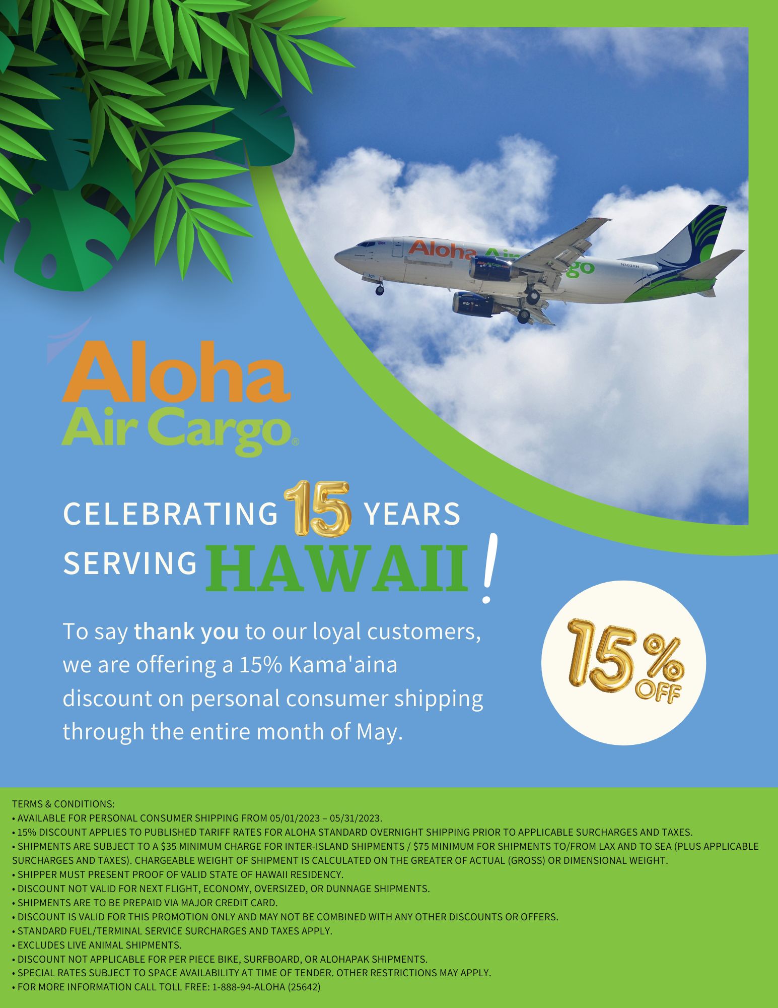 Aloha Air Cargo 15th Anniversary Kama'aina Discount 2023
